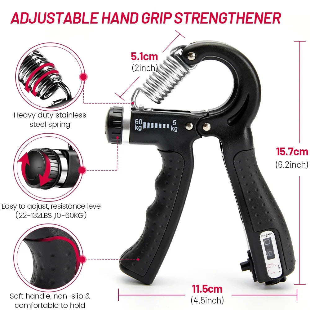 5-60Kg Adjustable Hand Grip Strength Strengthener Trainer Full Set with Counter Wrist Forearm and Hand Exerciser for Muscle